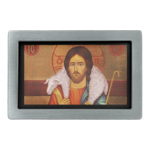 Jesus Carrying Lost Lamb on Shoulders Rectangular Belt Buckle