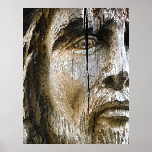 Jesus Carved Face on Wood Poster