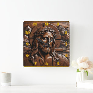 Jesus Carved in Wood Surrounded by Mountains Square Wall Clock