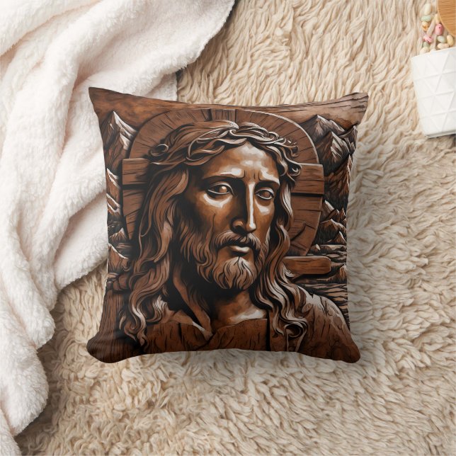 Jesus Carved in Wood Surrounded by Mountains Throw Pillow (Blanket)