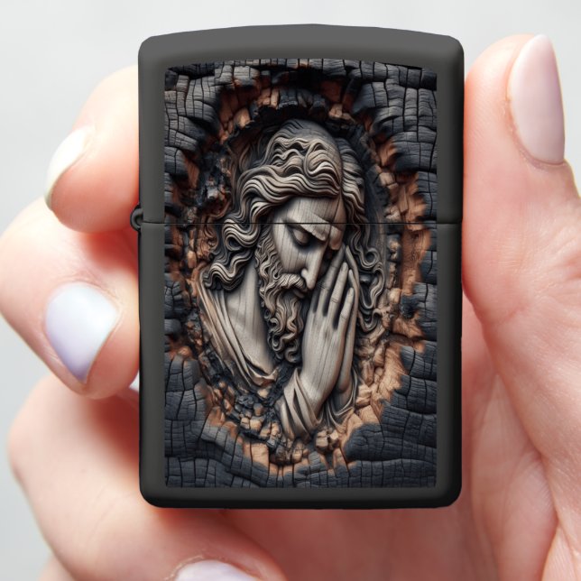 Jesus Carved Prayer in Burnt Wood Texture Zippo Lighter (In Hand)