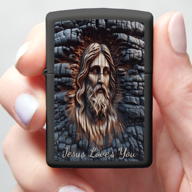 Jesus Carved Visage Emerging From Burnt Wood Zippo Lighter (In Hand)