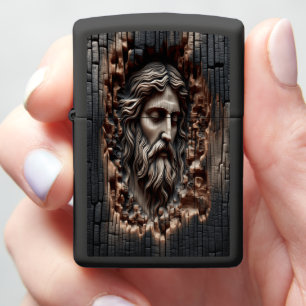 Jesus Carved Visage Emerging From Charred Wood Zippo Lighter