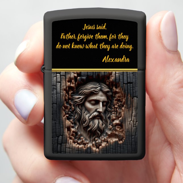 Jesus Carved Visage Emerging From Charred Wood Zippo Lighter (In Hand)