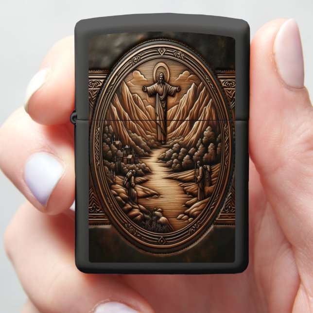 Jesus Carving in Mountains Zippo Lighter (In Hand)