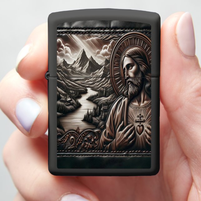 Jesus Carving With Mountain Landscape Zippo Lighter (In Hand)