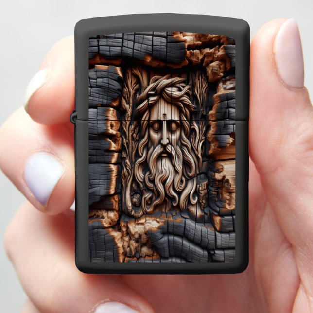  Jesus Charred Layers of Wood Art Zippo Lighter (In Hand)