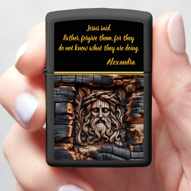 Jesus Charred Layers of Wood Art Zippo Lighter (In Hand)