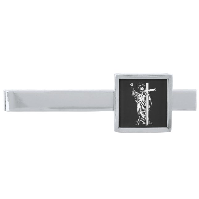 Jesus Christ and a cross Silver Finish Tie Clip (Front)