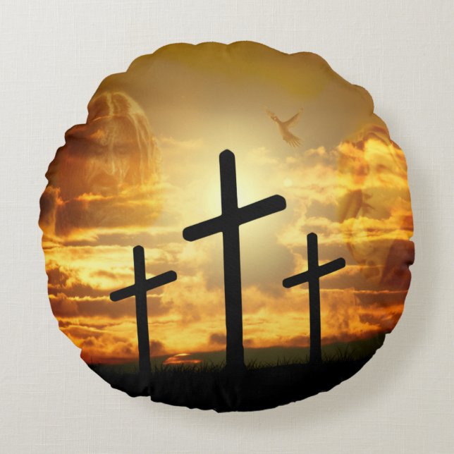 Jesus Christ Blessed Virgin Mary Dove Calvery Round Pillow (Front)