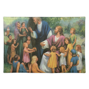 Jesus Christ Blessing Children, Vintage Religion Cloth Placemat