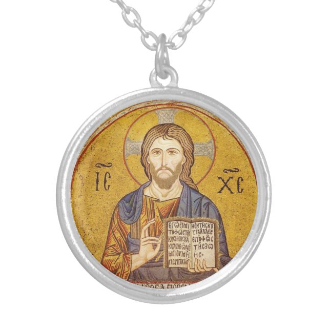 Jesus Christ Byzantine painting Silver Plated Necklace (Front)