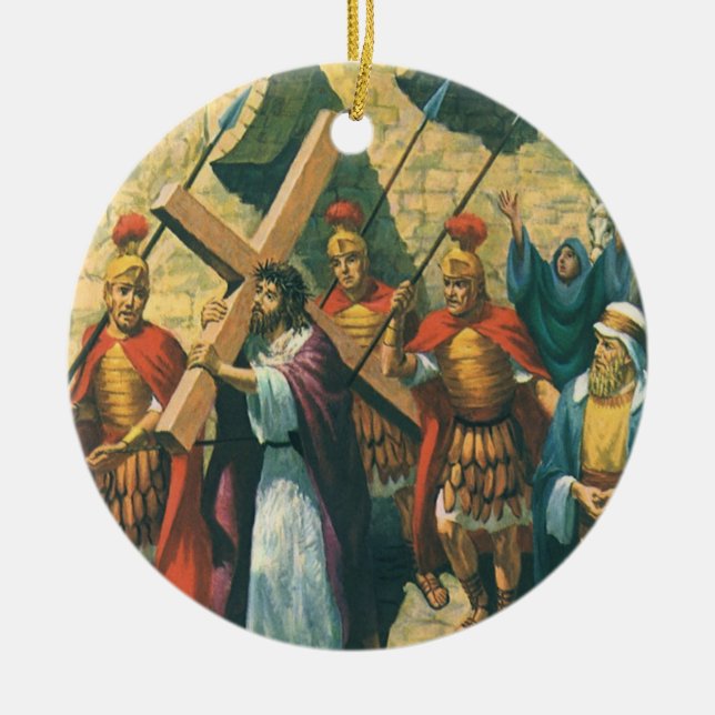 Jesus Christ Carrying the Cross to his Crucifixion Ceramic Ornament (Front)