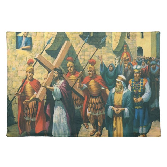Jesus Christ Carrying the Cross to his Crucifixion Cloth Placemat (Front)