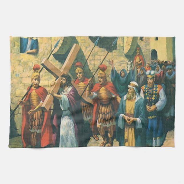 Jesus Christ Carrying the Cross to his Crucifixion Kitchen Towel (Horizontal)