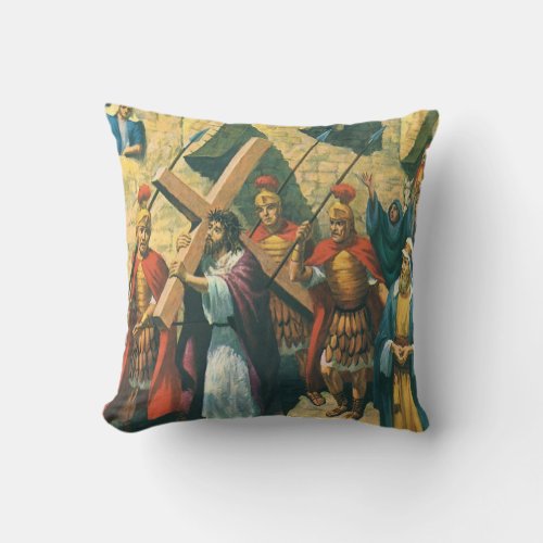 Jesus Christ Carrying the Cross to his Crucifixion Throw Pillow