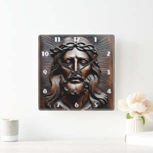 Jesus Christ Carved Relief With Radiant Background Square Wall Clock