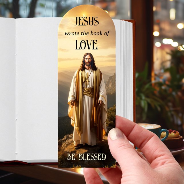 Jesus Christ Christian Spiritual Bookmarks (Spiritual religious bookmark featuring a painting of Jesus Christ in a mountain landscape at sunset)