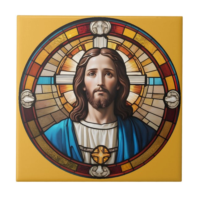 Jesus Christ Circular Faux Stained Glass Circle Ceramic Tile (Front)