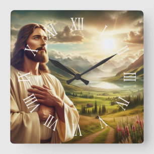 Jesus Christ Digital Painting Roman Numeral Square Wall Clock