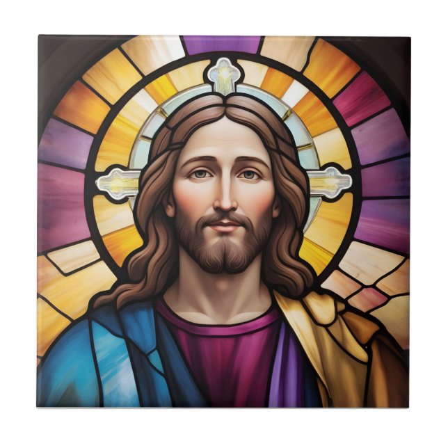 Jesus Christ Faux Stained Glass Ceramic Tile (Front)
