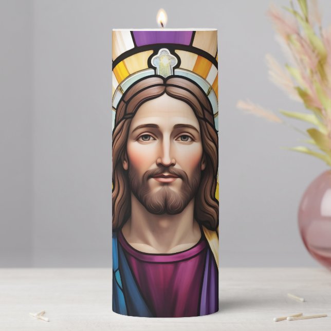 Jesus Christ Faux Stained Glass Pillar Candle (In Situ)