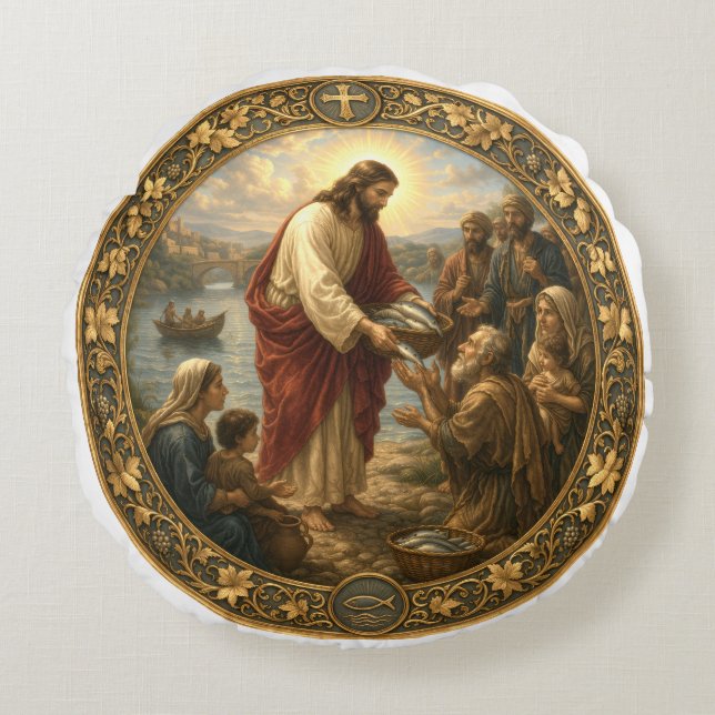 Jesus Christ feeding fish to the poor Round Pillow (Front)