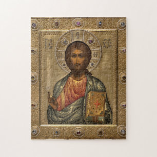 Jesus Christ Holding the Gospels Gold Jeweled Jigsaw Puzzle