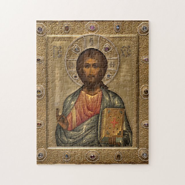 Jesus Christ Holding the Gospels Gold Jeweled Jigsaw Puzzle (Vertical)