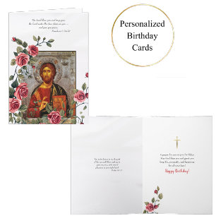 Jesus Christ Icon Red Roses Vine Orthodox Birthday Card