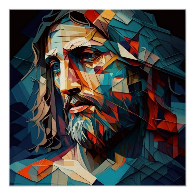 Jesus Christ in Teal and Amber Geometric Shapes Poster (Front)