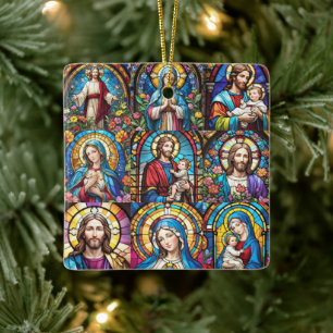 Jesus Christ Mary & Joseph Christian Stained Glass Ceramic Ornament