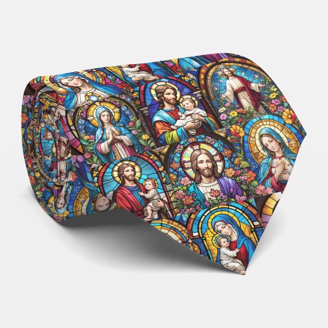Jesus Christ Mary & Joseph Christian Stained Glass Neck Tie (Rolled)