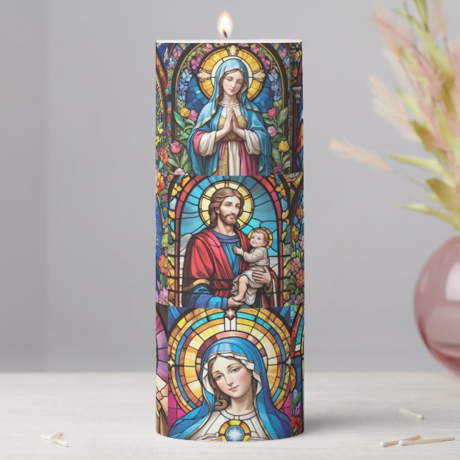Jesus Christ Mary & Joseph Christian Stained Glass Pillar Candle (In Situ)