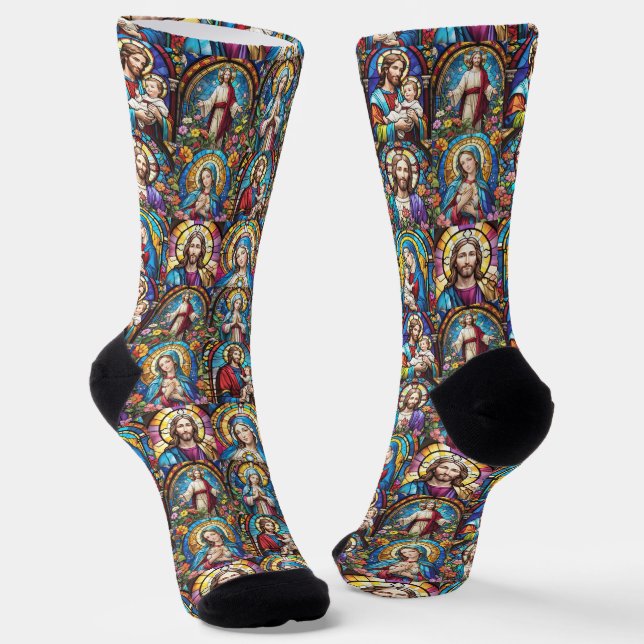 Jesus Christ Mary & Joseph Christian Stained Glass Socks (Angled)