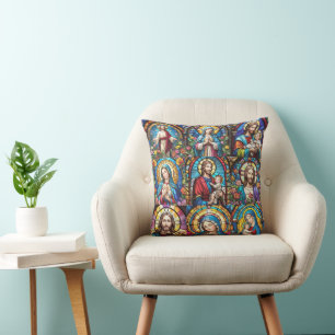 Jesus Christ Mary & Joseph Christian Stained Glass Throw Pillow