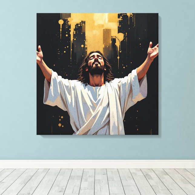 Jesus Christ Our Savior | Black and Gold Canvas Print (Insitu(Wood Floor))