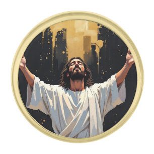 Jesus Christ Our Savior   Black and Gold Finish Lapel Pin