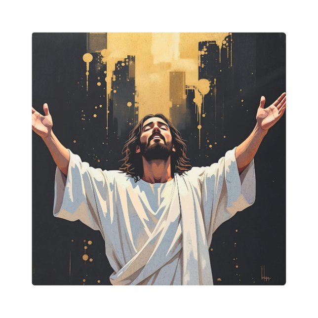 Jesus Christ Our Savior | Black and Gold Metal Print (Front)