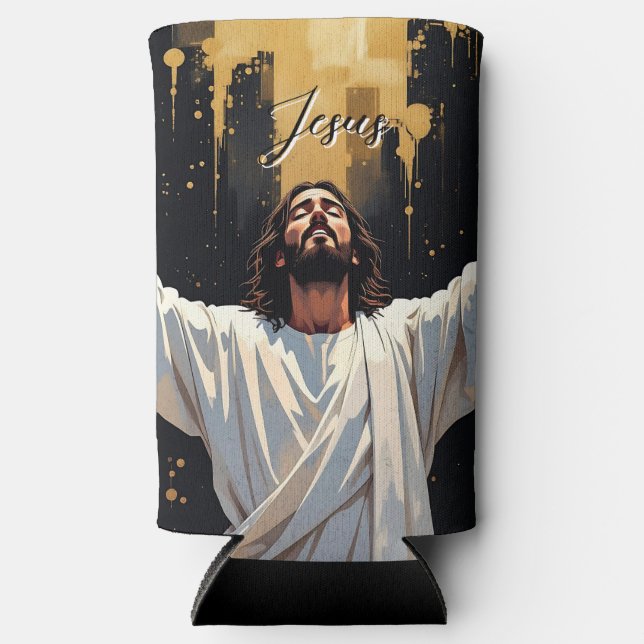 Jesus Christ Our Savior | Black and Gold Seltzer Can Cooler (Front)