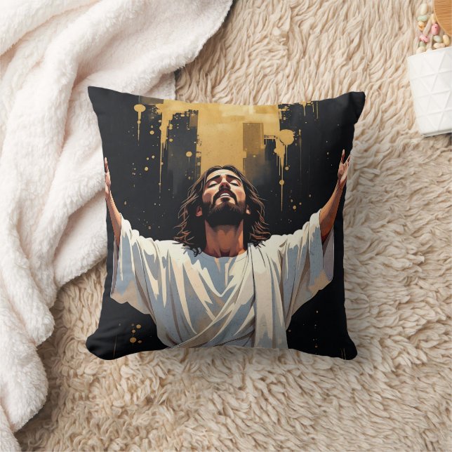 Jesus Christ Our Savior | Black and Gold Throw Pillow (Blanket)