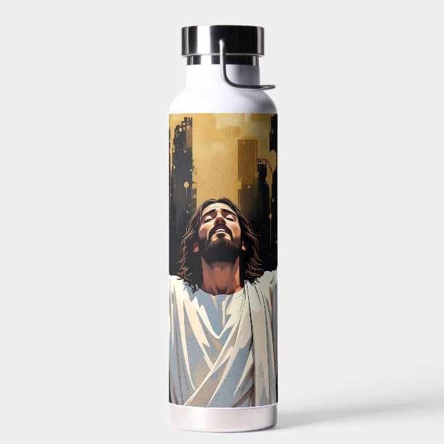 Jesus Christ Our Savior | Black and Gold Water Bottle (Left)