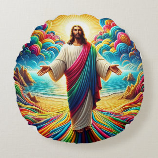 Jesus Christ overlooking a beautiful colorful sky Round Pillow