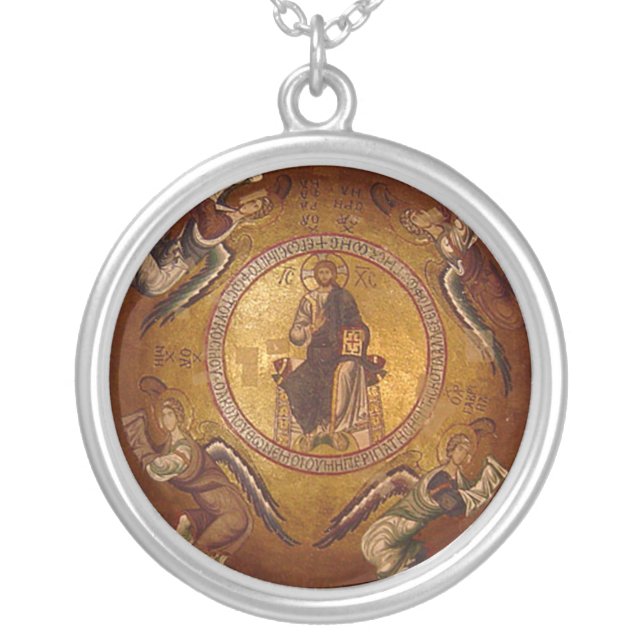 Jesus Christ Pantakrator Christian Orthodox Icon Silver Plated Necklace (Front)