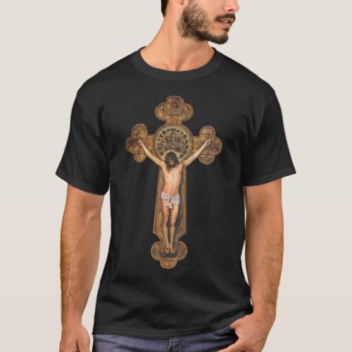Jesus Christ Passion Crucifixion St Benedict Cross T_Shirt