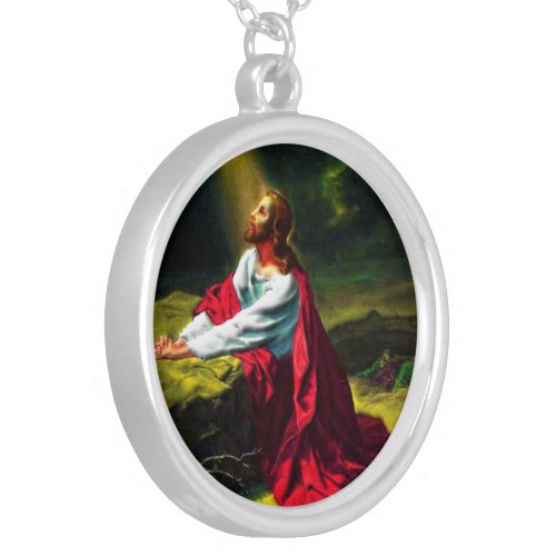 Jesus Christ Praying in the Garden of Gethsemane Silver Plated Necklace