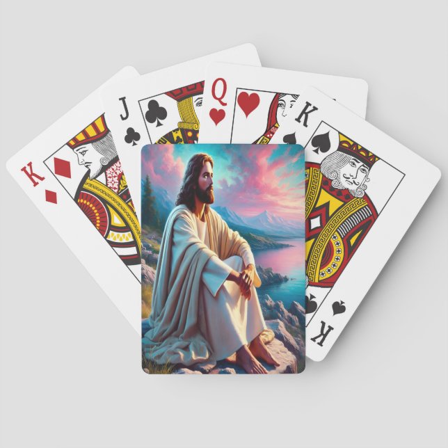 Jesus Christ Reflecting Beside Gentle Seashore  Poker Cards (Back)