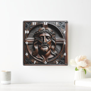 Jesus Christ Relief Art With Crown of Thorns Square Wall Clock