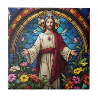 Jesus Christ Sacred Heart Faux Stained Glass Ceramic Tile
