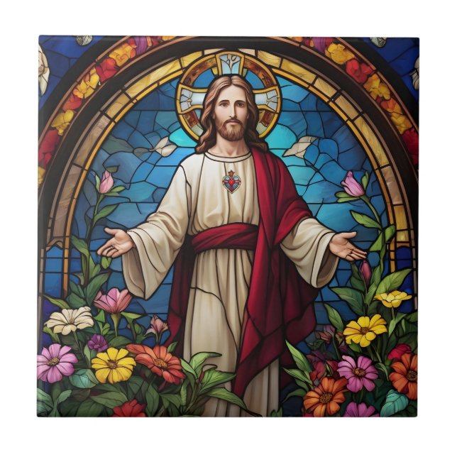 Jesus Christ Sacred Heart Faux Stained Glass Ceramic Tile (Front)